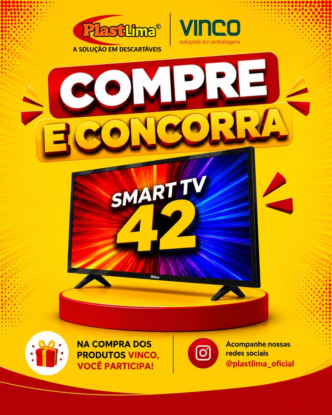 Arte da promoção Plastlima e Vinco: "Compre e concorra" a uma Smart TV de 42 polegadas na compra dos produtos Vinco.